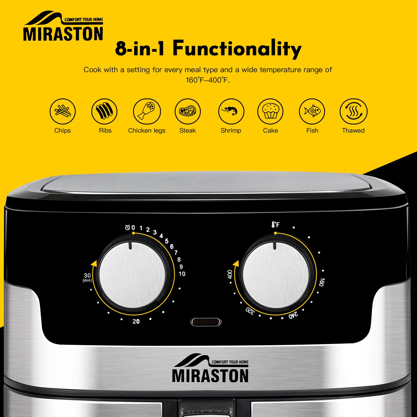 MIRASTON 8-in-1 Air Fryer 8.5qt | Knob Design with Fully Open Function Air Fry, Bake, Roast, Broil in Minutes