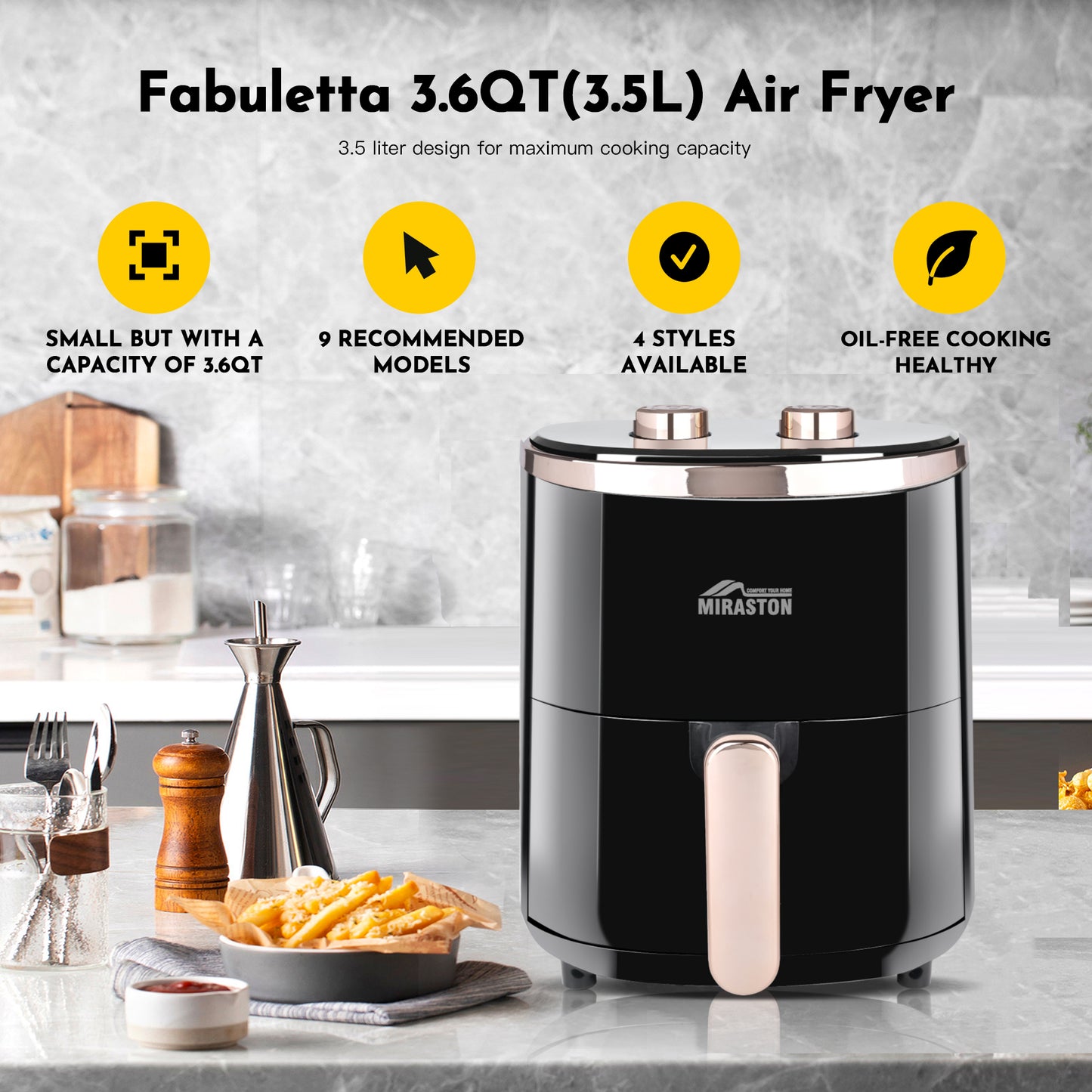 MIRASTON Air Fryer 3.6qt | Compact | Knob Control | Oilless Cooking for Healthier Delights