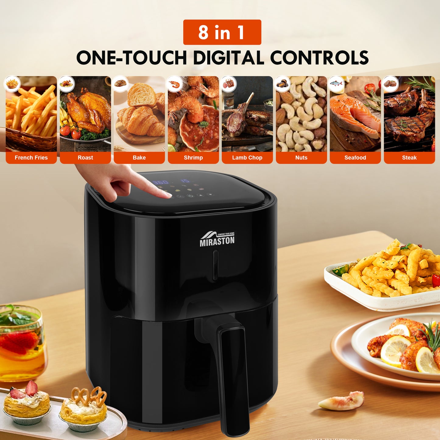 MIRASTON 4.5QT Compact Air Fryer Smart Touchscreen with Preset Recipes | 6-in-1 Functions Easy Cooking for Veggies, Frozen Food, Seafood, Juicy Meats