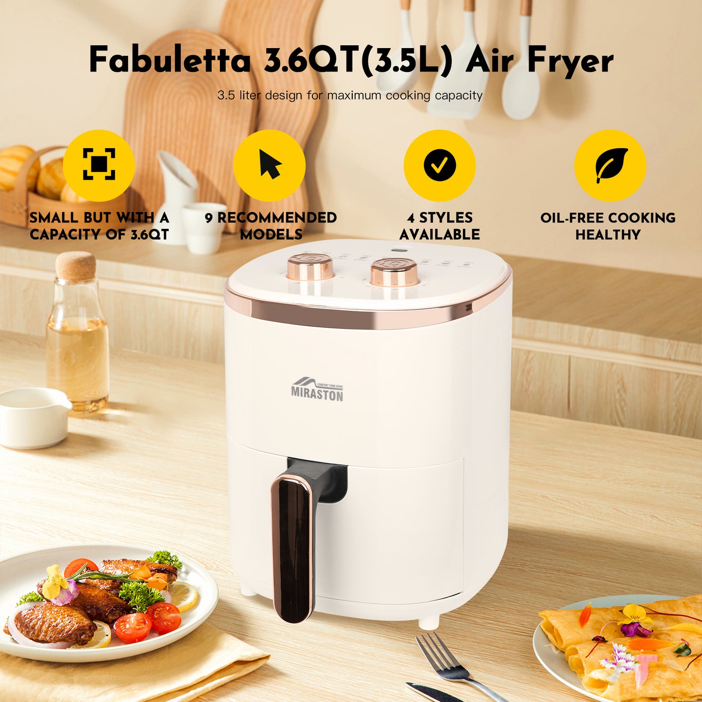 MIRASTON Air Fryer 3.6qt | Compact | Knob Control | Oilless Cooking for Healthier Delights