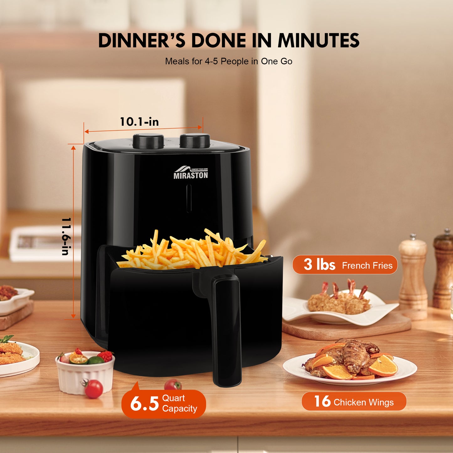 MIRASTON 4.5QT Air Fryer with Knob Control | Compact & Sleek Design | Timer with Auto Shut-off and Shake Reminder | Fast Cooking for Breakfasts, Lunchs, Dinners, Snacks