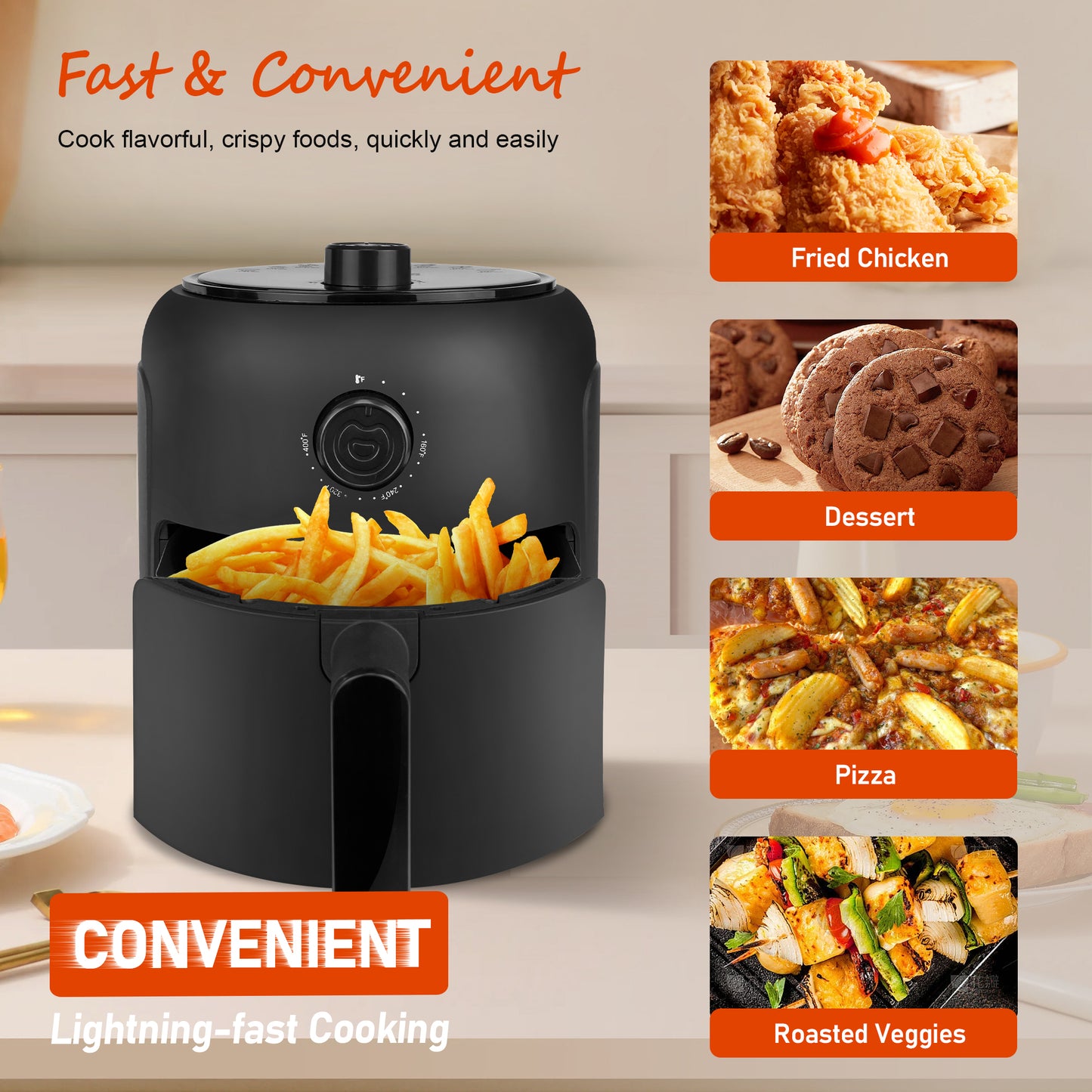 MIRASTON 2.6QT Small Air Fryer Unique Mechanical Knob Design with Precise Adjustments for Healthy and Quick Meals | Ideal for Small Spaces