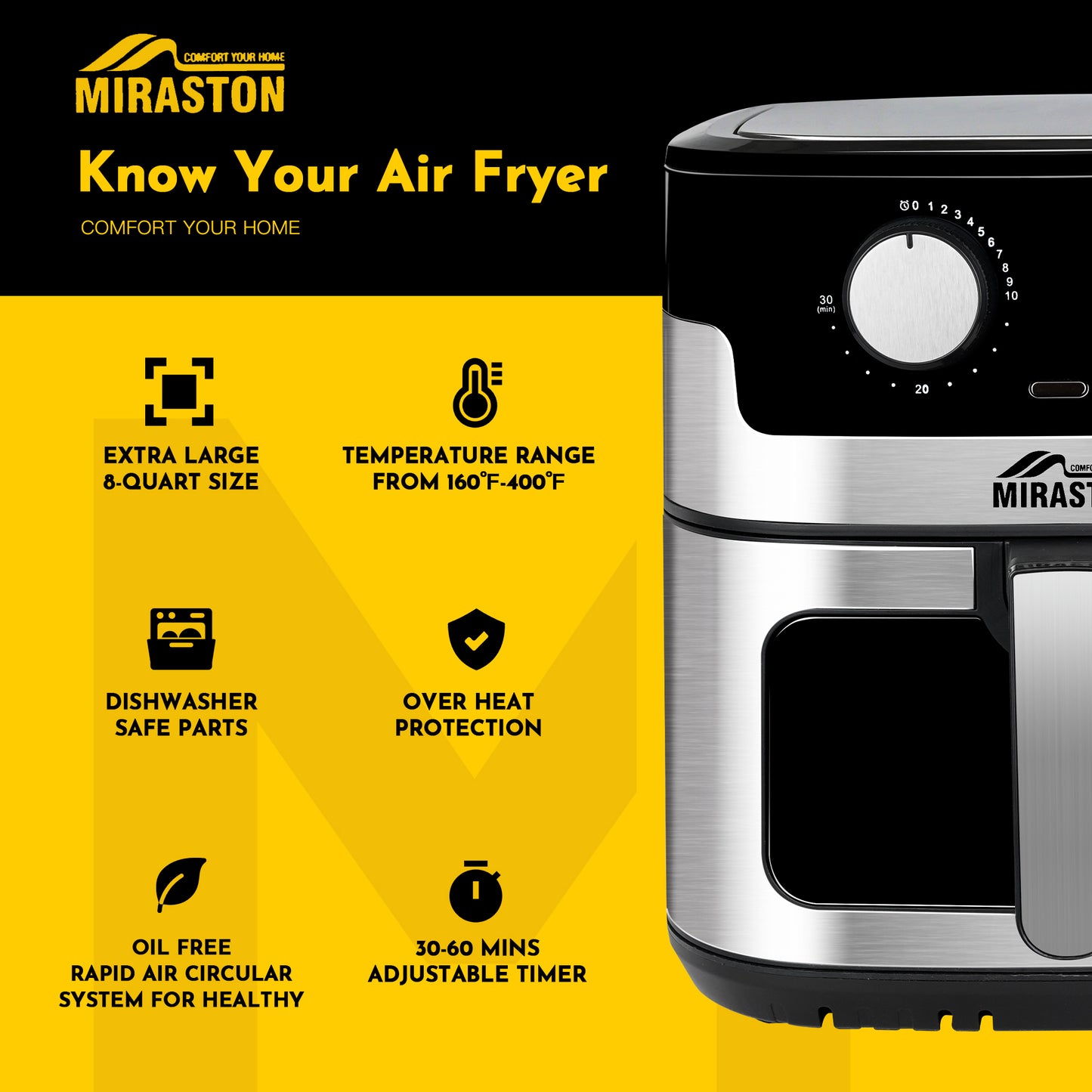 MIRASTON 8-in-1 Air Fryer 8.5qt | Knob Design with Fully Open Function Air Fry, Bake, Roast, Broil in Minutes